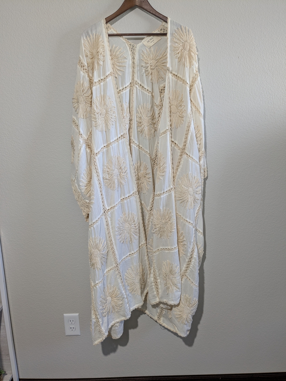Free People MOMO New York Boho Cream Embroidered Oversized Kimono One Size